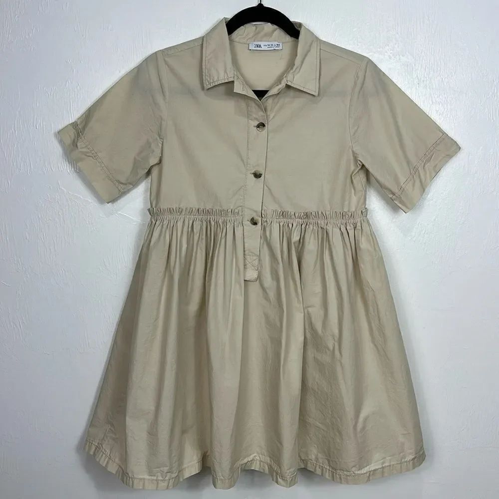 Zara Beige Cotton Short Sleeve Button Closure Dress Size 13-14